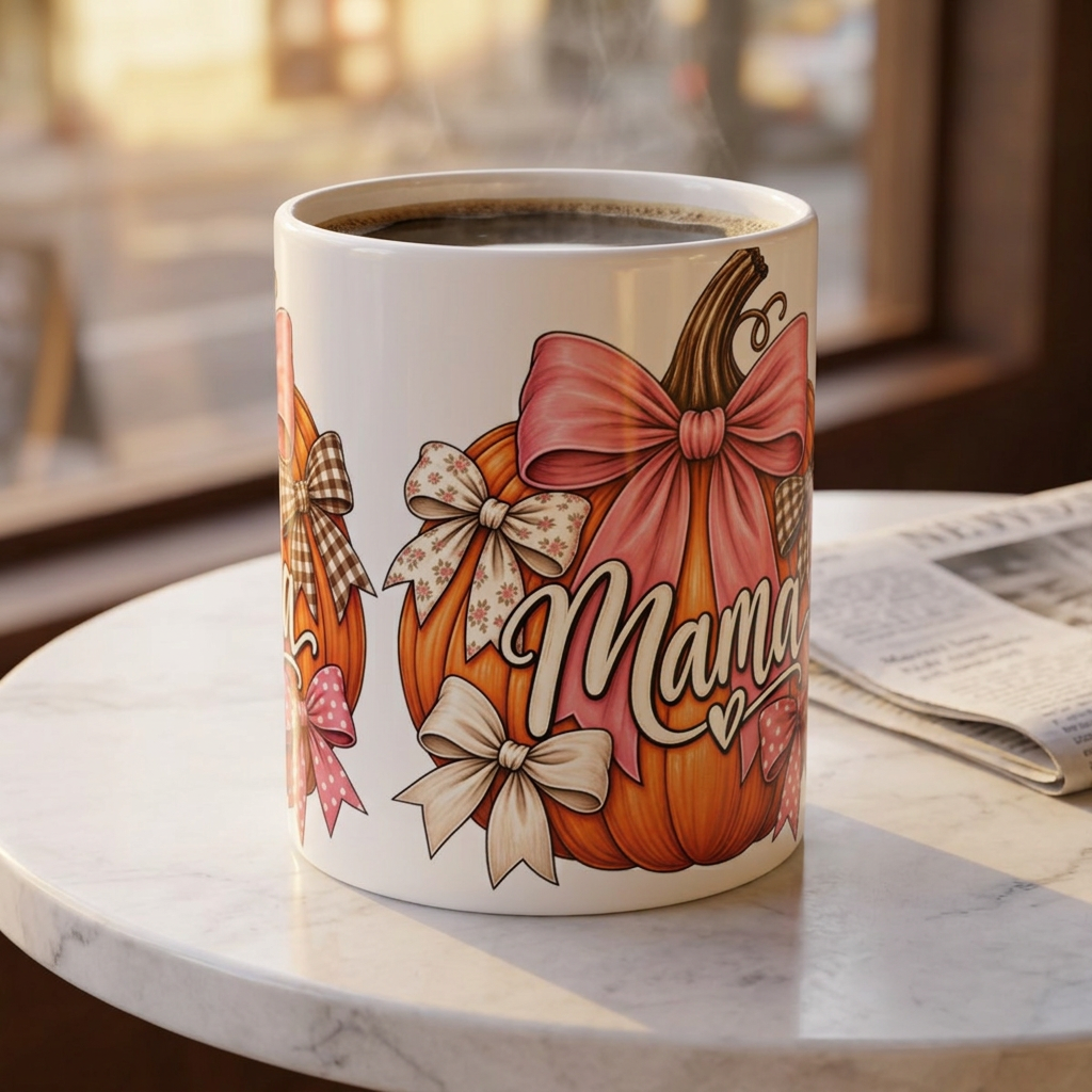 Mama Pumpkin Illustration Mug | Fall Pumpkin Bow Design